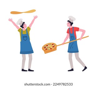 Man Pizzaiolo in Toque Throwing Dough in the Air and Carrying Shovel Cooking Pizza Vector Set