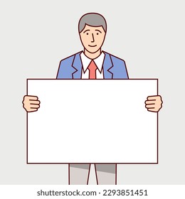 Hombre con un cartel. Empresario sostiene la hoja en blanco. Estilo dibujado a mano. Cartel publicitario simple para promoción. Diseño plano de ilustración vectorial. Aislado sobre fondo blanco.