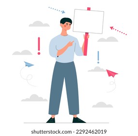Hombre con el concepto de cartel. Lugar para textos y presentaciones. Un chico joven con un cartel. Protesta y manifestación. Carácter que muestra el tablero vacío y en blanco. Dibujo vectorial plano de dibujos animados