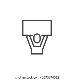 Hombre con el icono de la línea de cartel. signo de estilo lineal para concepto móvil y diseño web. Persona sosteniendo un icono vectorial de contorno de banner en blanco. Protesta, símbolo de revolución, ilustración del logo. Gráficos vectoriales