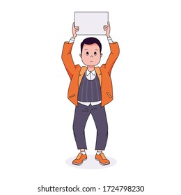 man with placard, protesting activist, Working strike. worker holding blank banner taking part in parade. manifest with demonstrating sign with empty space for text. isolated stock vector illustration