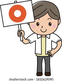 A man with a placard with success, correct answer, smile