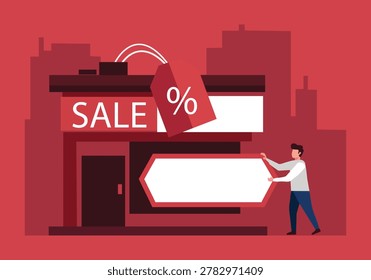 Man placing blank sign on sale store building with city silhouette in flat style on transparent. A man is shown placing a blank hexagonal sign onto a building.