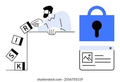 Man placing blocks labeled RISK over an edge, next to a secure padlock and document window. Ideal for risk management, cybersecurity, data protection, online safety, business strategy. Minimalistic