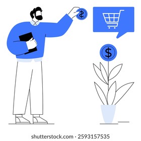 Man placing dollar coin into plant pot representing investment growth, holding document. Blue shopping cart icon suggests e-commerce. Ideal for business, finance, investment, economics, online