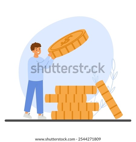 A man placing a large coin onto a growing stack of coins, symbolizing financial savings and investments