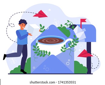 Man placing sugar cube into cup of coffee. Newsletter, message, envelope, mail flat vector illustration. Communication, coffee shop concept for banner, website design or landing web page