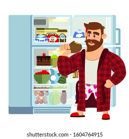 A man in a plaid dressing gown and shorts with hearts looks through the products in the refrigerator and chews a chicken leg. Flat illustration. Gastronomic variety and assortment of food products. 