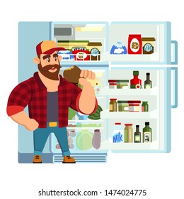 Man in Plaid Shirt and Cap Browsing Products in the Fridge and Chewing Chicken Leg. Flat illustration. Gastronomic Variety and Food Assortment. Food Drinks and Semi-finished products. Full and Satisfi