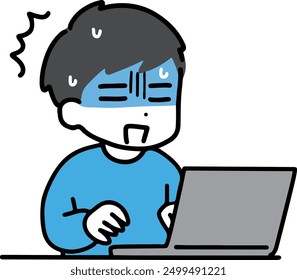 A man in plain clothes looking shocked in front of a computer