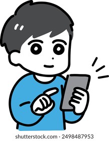 A man in plain clothes operating a smartphone with a smile