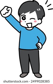 A man in plain clothes smiling and raising his fist