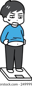 A man in plain clothes stands on a scale with a troubled expression