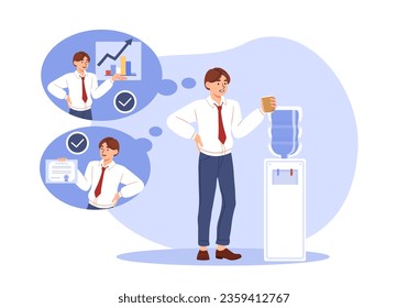 Man with plan at office concept. Young guy at launch break near cooler with water. Worker and emloyee think about graphs and charts. Startup and business idea. Cartoon flat vector illustration