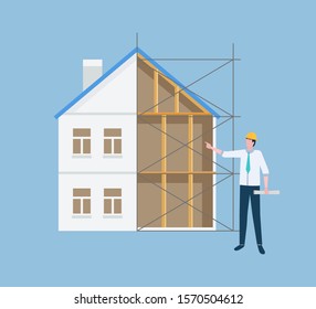 Man with plan vector, engineer with scheme main architect managing process of building of construction. Clever male wearing protective helmet isolated