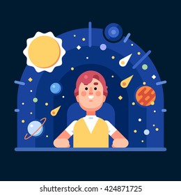 Man in the planetarium. The solar system in a flat style. Vector flat illustration.