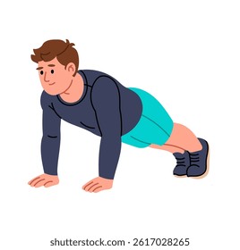Man in plank position. Concept of core training, strength, and home workout