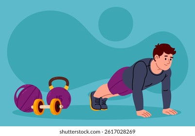 Man in plank position. Concept of core training, strength, and home workout.