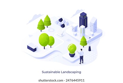 Man planning arrangement of building, plants and power equipment. Sustainable landscaping concept isometric vector illustration. Designer controlling constructioncartoon character colour composition