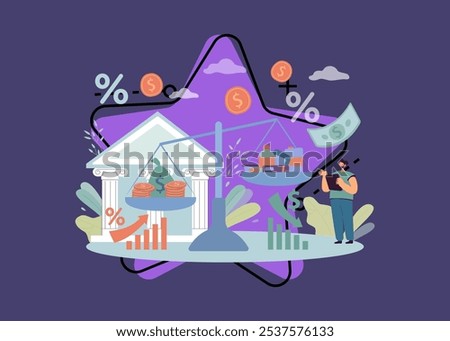 Man planning budget next to huge scales vector illustration. Cartoon drawing of rising interest rate and prices of products. Inflation, finances, economy, banking concept