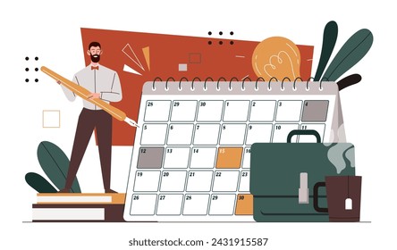 Man planning with calendar. Scheduling and task settings. Young guy with pencil planning. Time management and efficient workflow. Cartoon flat vector illustration isolated on white background