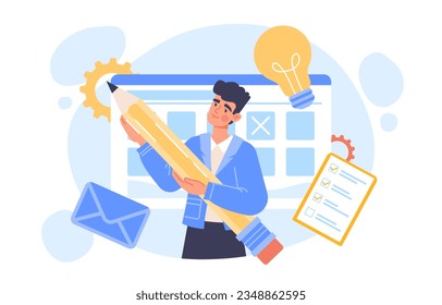 Concepto de planificación del hombre. Organización de un flujo de trabajo eficaz y gestión del tiempo. Establecimiento de objetivos y motivación. Joven con lápiz cerca de un calendario grande. Dibujo vectorial plano de dibujos animados