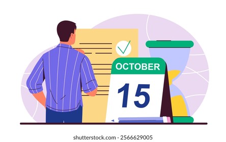 Man planning concept. Young guy stands near sheet of goals and calendar. Time management and organization of effective work process, scheduling and organizing. Flat vector illustration