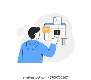  Man está planeando contenido en un calendario. Creatividad en línea y concepto de producción de redes sociales. Ilustración lineal de Vector sobre un fondo blanco.
