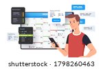 Man planning day, scheduling appointments on cell phone in calendar application. Person texting messages, checking, adding event & meeting reminders in planning app. Flat vector character illustration