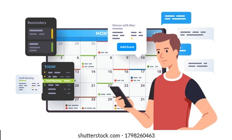 Man planning day, scheduling appointments on cell phone in calendar application. Person texting messages, checking, adding event & meeting reminders in planning app. Flat vector character illustration