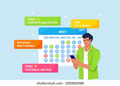 El hombre está planeando un día, programando citas por teléfono. Niña que usa la aplicación de calendario para enviar mensajes de texto, comprobar, agregar eventos, recordatorios de reunión. Ilustración del vector