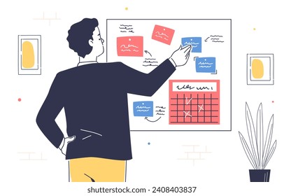 El hombre planea el doodle. Trabajador y empleado cerca de la pizarra. Notas pegajosas y lista de tareas pendientes. Planificación, gestión del tiempo. Organización de un proceso de trabajo eficiente en la oficina. Ilustración lineal vectorial