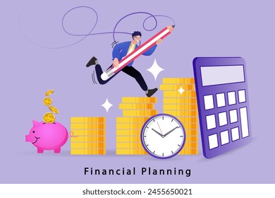 Man planning for her savings with piggy bank growth. financial planning. budgeting plan for spending. debt and tax. Stock trading. investment or wealth management. savings money or income and salary. 