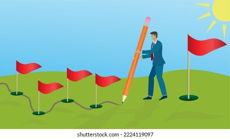 Hombre planeando su camino hacia un gran objetivo. Dimensión 16:9. Ilustración vectorial. 