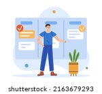 Man planning his work on task board. Work management concept. Vector illustration
