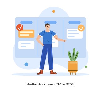 Man planning his work on task board. Work management concept. Vector illustration