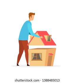 Man Planning House Model Flat Vector Illustration. Faceless Guy Holding Roof Cartoon Character. Architect, Builder Profession. Handyman Building Cottage Miniature Maquette. Home Construction Metaphor