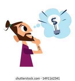 Man planning make money. Idea to become rich concept. Man Thinking about money, having a profitable idea. Isolated. Side view. Vector Illustration. Flat design. 