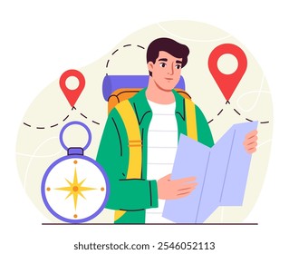 Roteiro de planejamento de homem. Jovem rapaz com mochila, mapa e bússola preparando-se para viajar. Caminhadas e acampamentos, estilo de vida ativo. Destino da viagem. Ilustração de vetor plano isolada no plano de fundo branco