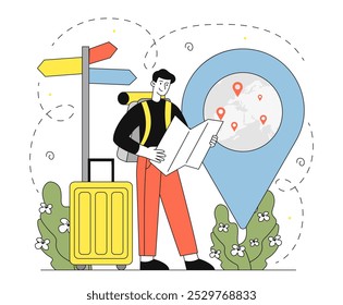 Homem planejando viagem. Jovem com o mapa nas mãos. Viagens, férias e férias. Turista preparar para a viagem, escolher a direção. Ilustração de vetor linear isolada no plano de fundo branco