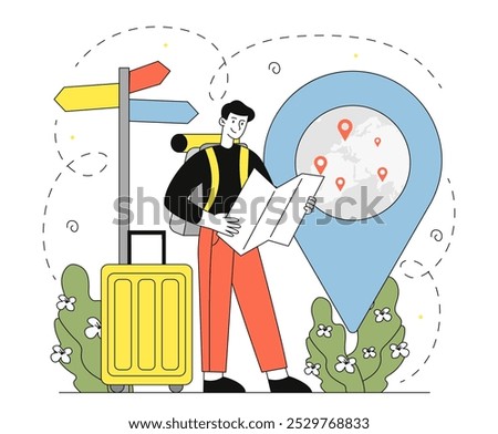 Man planning trip. Young guy with map in hands. Travel, holiday and vacation. Tourist prepare to journey, choose direction. Linear vector illustration isolated on white background