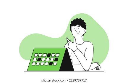 Man planning week with calendar vector illustration concept. Business planning and marketing strategy. Financial development and analysis growth. Process project management and workflow schedule