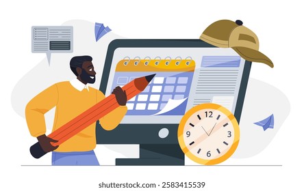 Man planning week. Young guy with pencil near calendar and clock. Time management and organization of efficient work process. Planning and scheduling meetings. Flat vector illustration