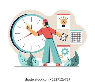 Man planning work day, standing near clock. Young productive business people actively doing office job in different areas, completing tasks on time. Vector illustration in flat design