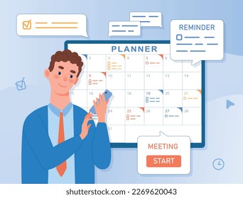 Flujo de trabajo de planificación del hombre. Un joven con un smartphone en la mano al lado del calendario nota reuniones de negocios y negociaciones. Configuración de objetivos, programación y gestión del tiempo. Dibujo vectorial plano de dibujos animados