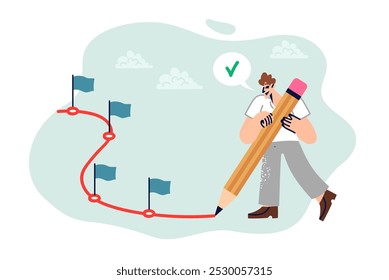 Man plans future by drawing route for move forward and setting small goals to achieve big goal. Ambitious guy uses big pencil for pave way to success and create plan leading to career growth