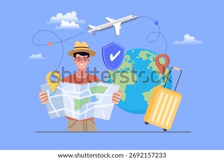 A man plans his vacation with a map, protected by a travel insurance shield. The globe and airplane illustrate a secure international journey. Concept of safe booking and global tourism.