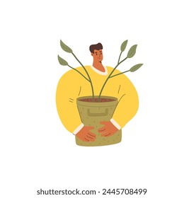 Man with plant and gardening sampling isolated on white background. Horticulture gardener hobby character. Houseplant and garden market and store purchase. Vector flat illustration.