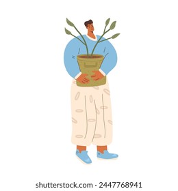 Man with plant and gardening sampling isolated on white background. Horticulture gardener hobby character. Vector flat illustration.