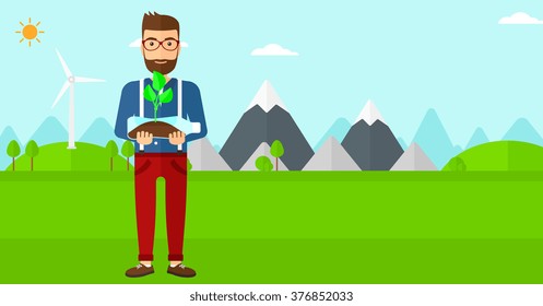 Man with plant growing in bottle.